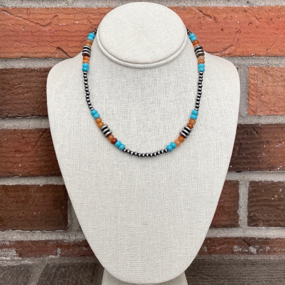 Navajo Style Pearl Necklace with Turquoise, Faux Jasper & Saucer Pearls - Picture 2 of 2